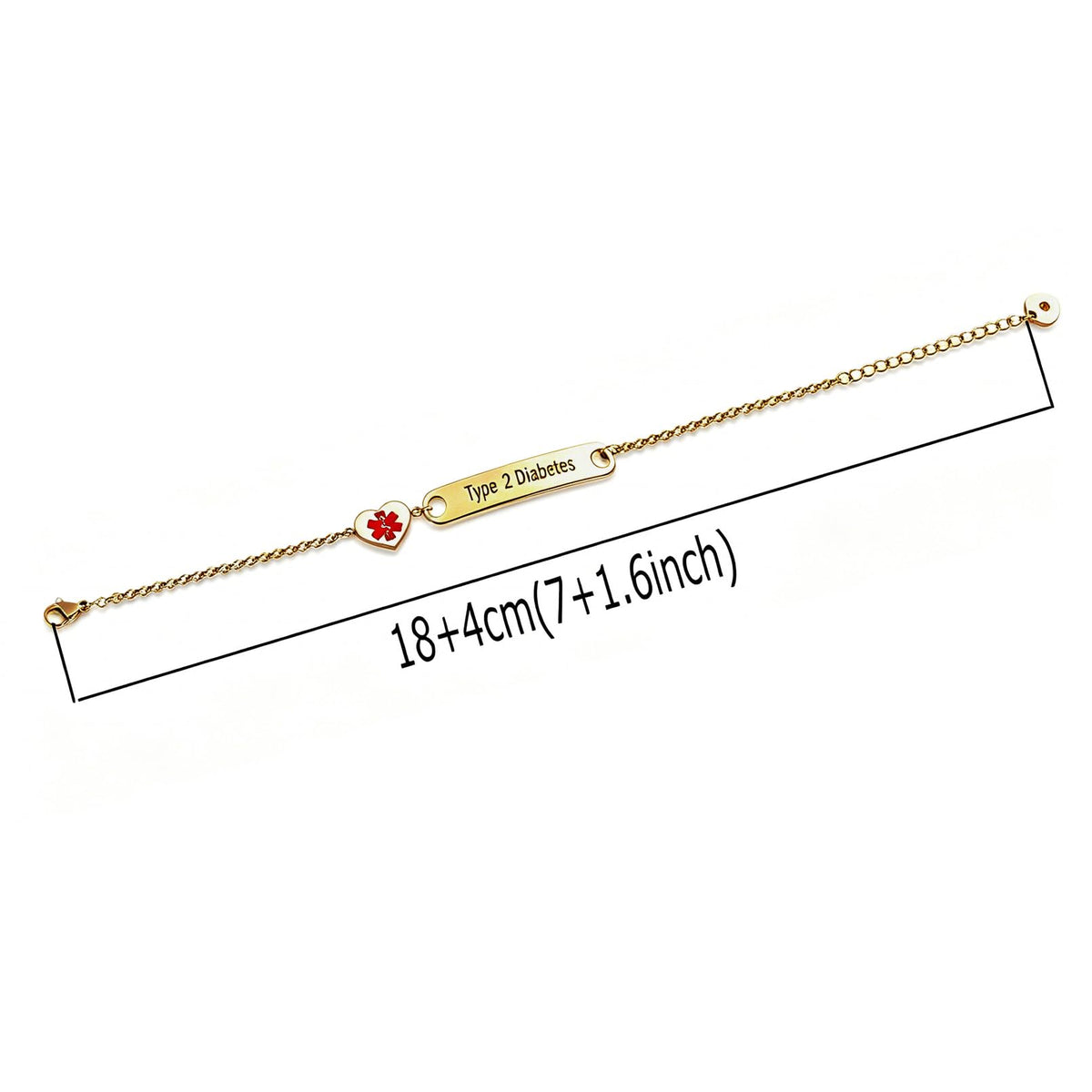 Cynora Diabetes Alert ID Bracelet - Type 2 Diabetes - Gold - size 7 in + 1.6 in extender