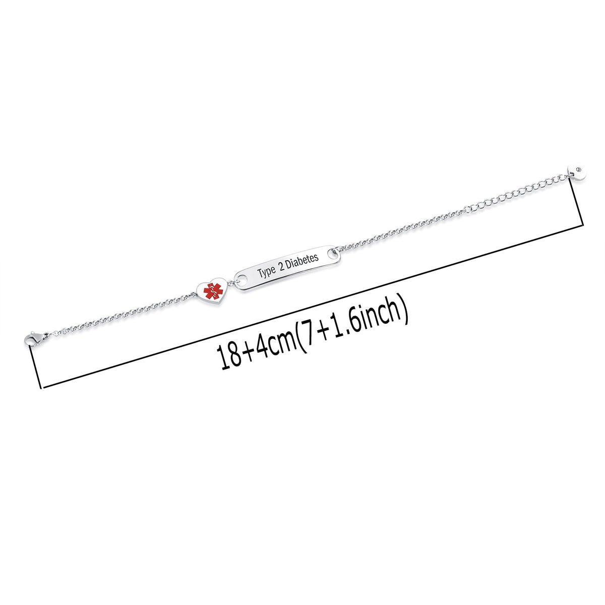 Cynora Diabetes Alert ID Bracelet - Type 2 Diabetes - Silver - size 7 in + 1.6 in extender