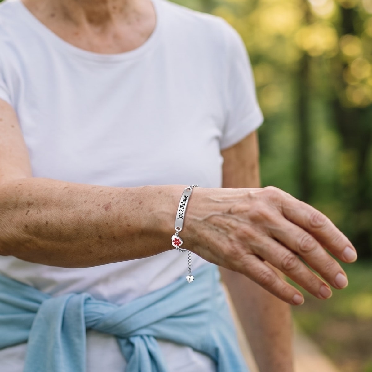 Type 2 Diabetes medical ID bracelet worn on the wrist, everyday