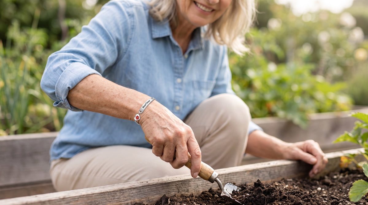 Woman gardening wearing a Blood Thinner medical ID bracelet