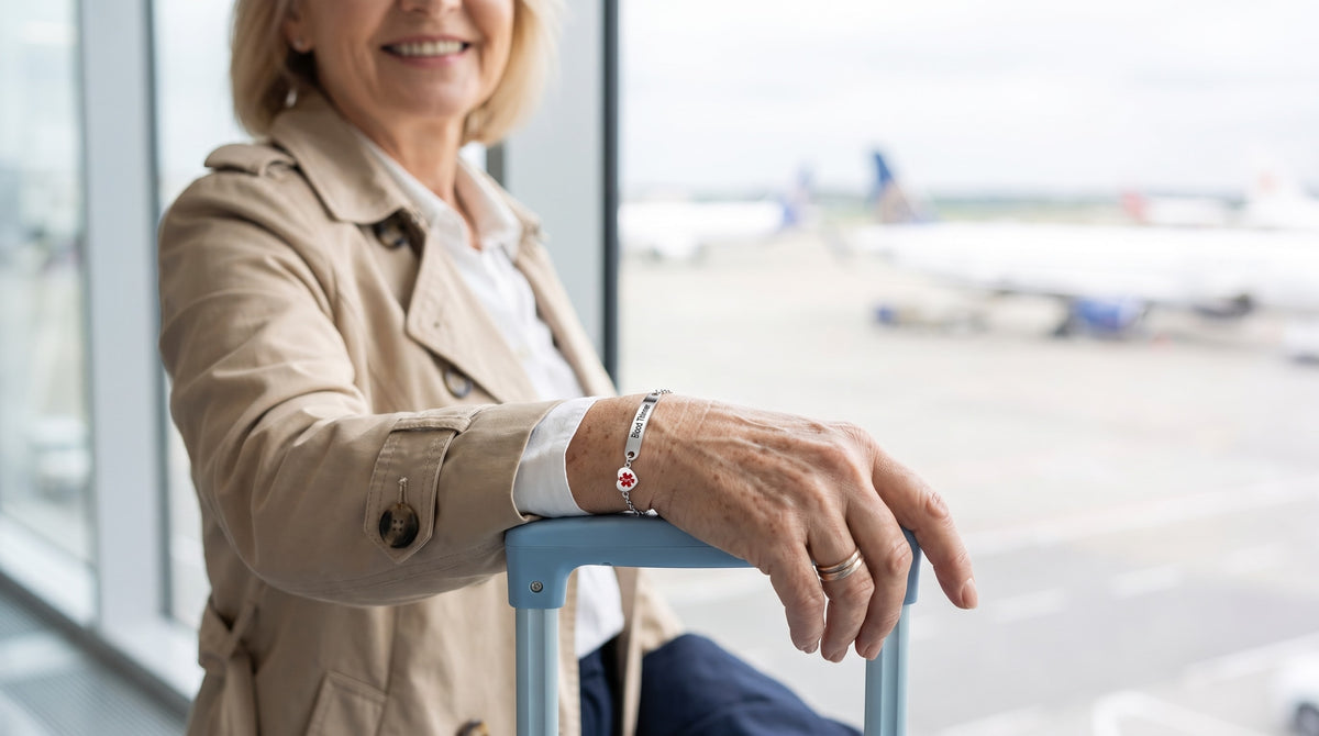 Woman at the airport with her hand on a suitcase, wearing a medical ID bracelet